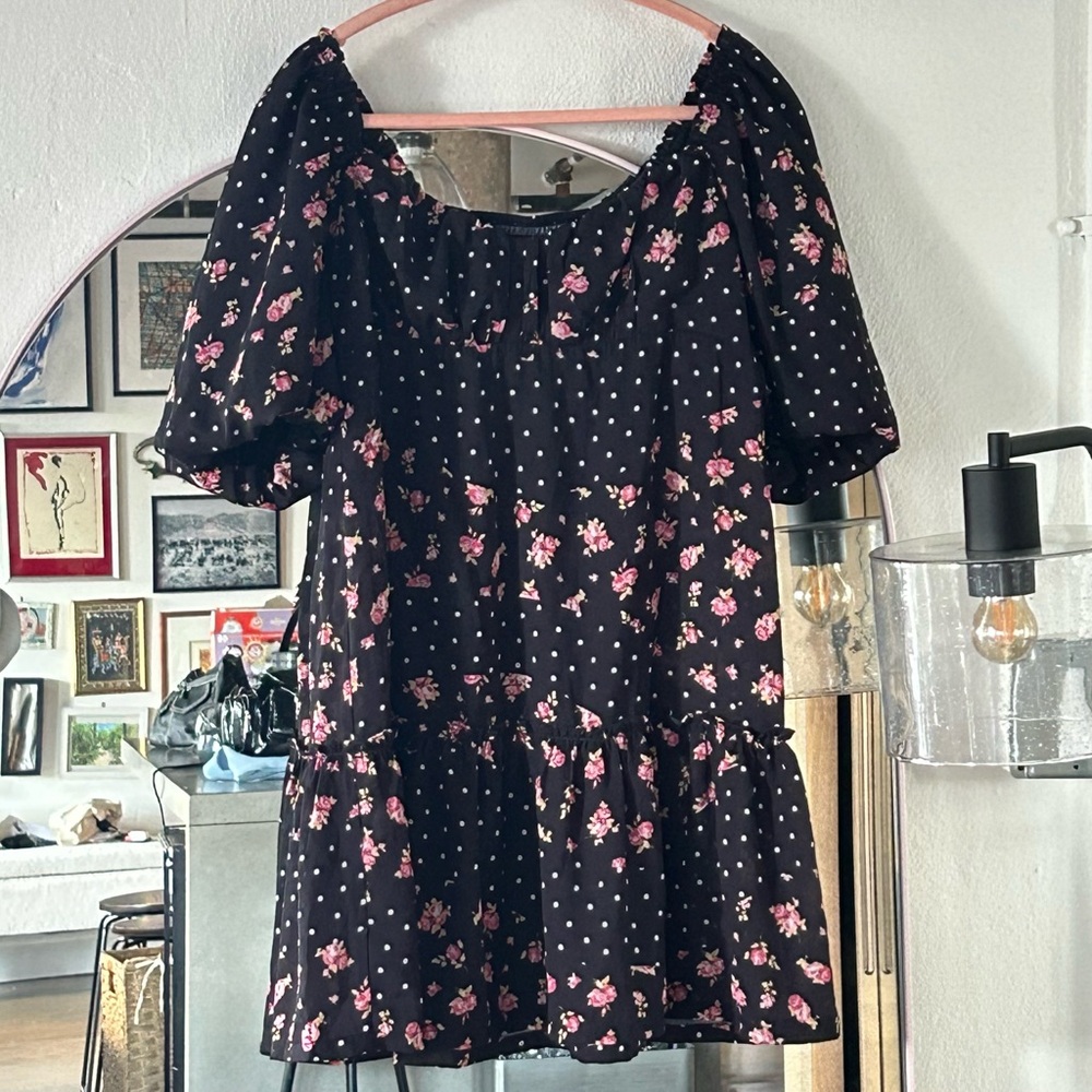 Betsey Johnson Black/Pink Polka Dot Floral Puff Sleeve Mini Babydoll Dress sz M